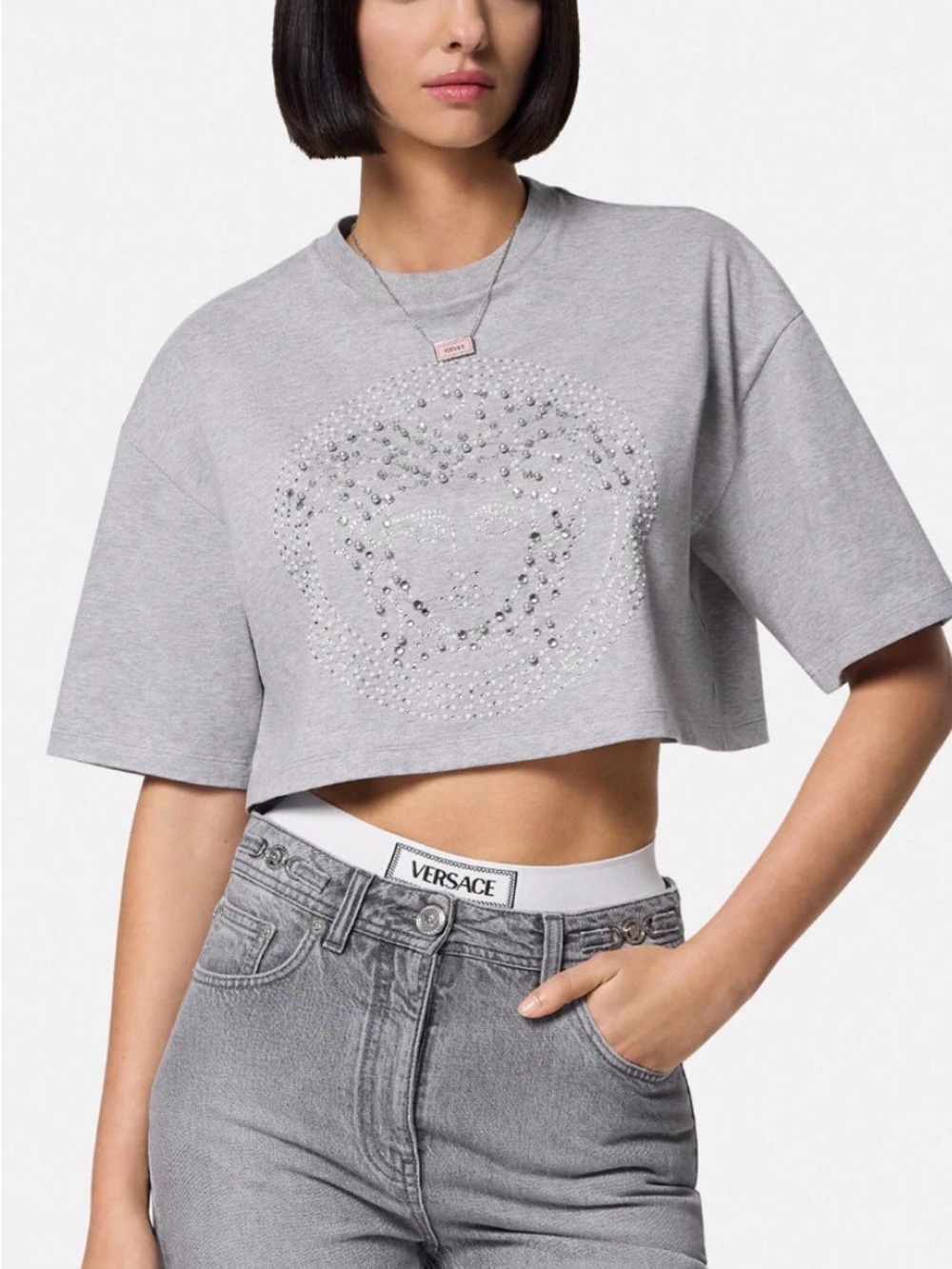 Versace Embellished Grey Cropped Tee with Medallion